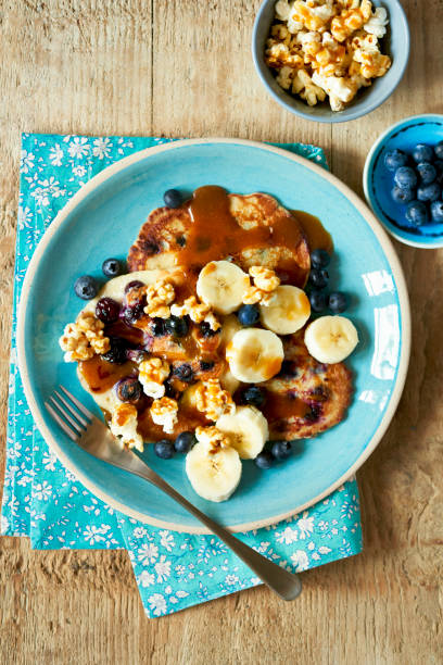 Banana and Blueberry Pancakes with caramell sauce
