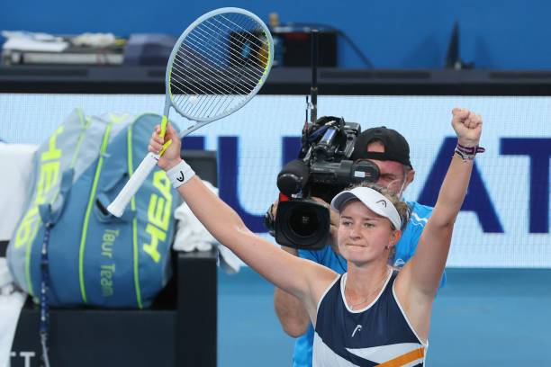 Barbora Krejcikova of Czech Republic celebrates victory in her women's singles semi-final match against Anett Kontaveit of Estonia at the Sydney...