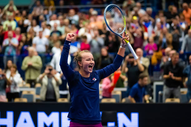 Barbora Krejcikova of the Czech Republic celebrates defeating Iga Swiatek of Poland in their singles final on Day 7 of the Agel Open at Ostravar...