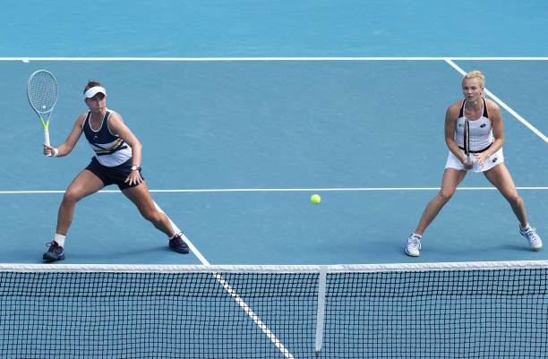 Barbora Krejcikova plays a forehand in her Women's Doubles Quarterfinals match with Katerina Siniakova of Czech Republic against Caroline Dolehide of...