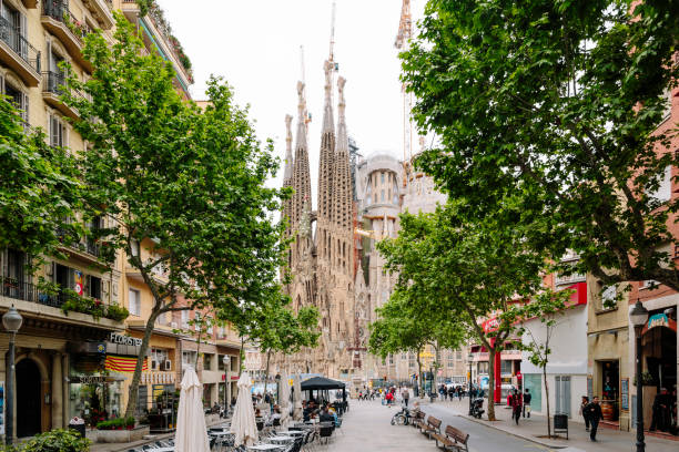 Barcelona street and Sagrada Familia church, Catalonia, Spain