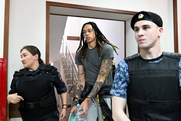 Basketball superstar Brittney Griner arrives to a hearing at the Khimki Court, outside Moscow on June 27, 2022. - Griner, a two-time Olympic gold...
