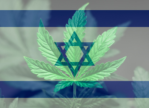 A beautiful sheet of cannabis marijuana on the flag of Israel and grass with a lighted lens, a beautiful background, the concept of legalizing the cultivation of the use of marijuana in Medetsin