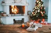 Beautifully Christmas Decorated Home  Interior With A Christmas Tree And Christmas Presents