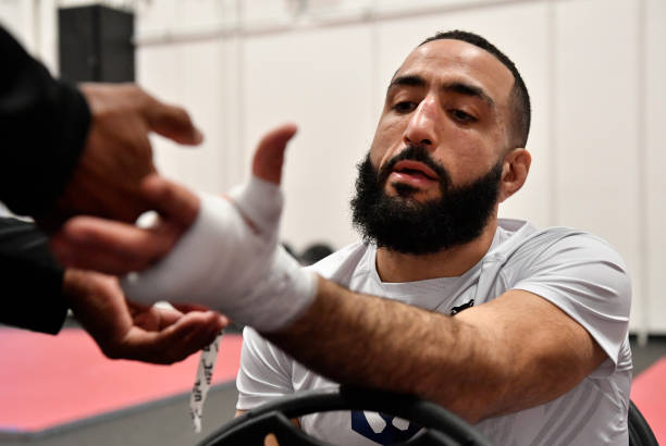 Belal Muhammad has his hands wrapped prior to his fight during the UFC Fight Night event at UFC APEX on December 18, 2021 in Las Vegas, Nevada.