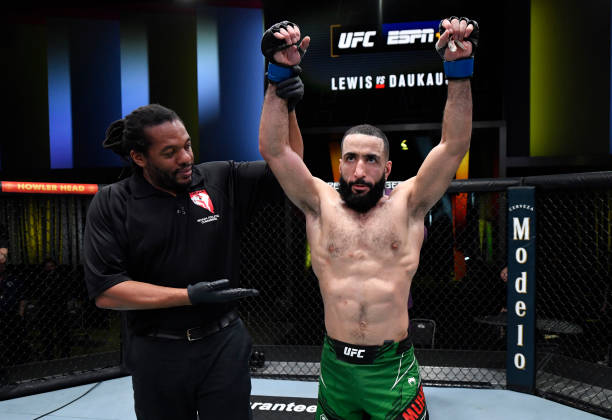 Belal Muhammad reacts after defeating Stephen Thompson in their welterweight fight during the UFC Fight Night event at UFC APEX on December 18, 2021...
