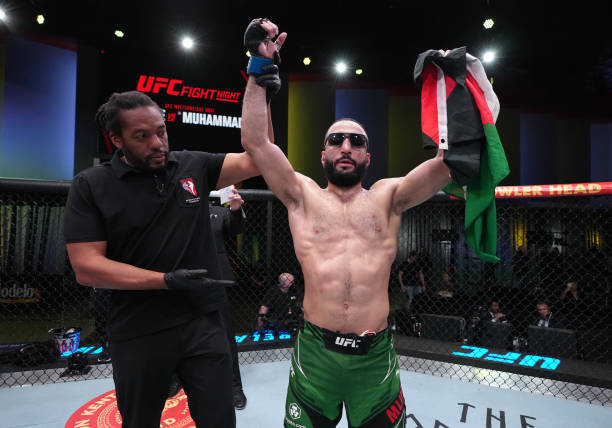 Belal Muhammad reacts after his unanimous-decision victory over Vicente Luque of Brazil in a welterweight fight during the UFC Fight Night event at...