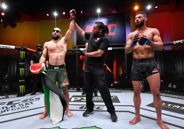 Belal Muhammad reacts after his victory over Dhiego Lima of Brazil in their welterweight fight during the UFC 258 event at UFC APEX on February 13,...