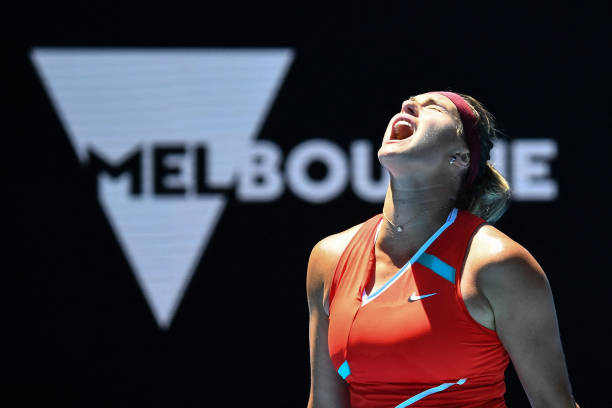 Belarus' Aryna Sabalenka reacts after a point against China's Wang Xinyu during their women's singles match on day four of the Australian Open tennis...