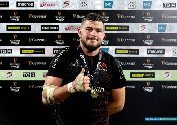 Belfast , United Kingdom - 22 November 2020; Sean Reidy of Ulster with his Player Of The Match Award after the Guinness the Guinness PRO14 match between Ulster and Scarlets at Kingspan Stadium in Belfast. (Photo By John Dickson/Sportsfile via Getty Images)