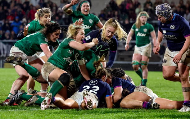 Belfast , United Kingdom - 30 April 2022; Ireland players celebrate as Enya Breen scores her side's second try during the Tik Tok Women's Six Nations...