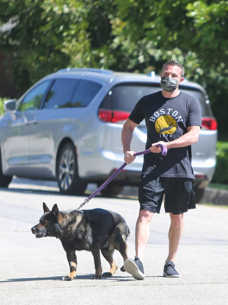 Ben Affleck wearing a face mask while walking a dog on April 25 2020 in Los Angeles California