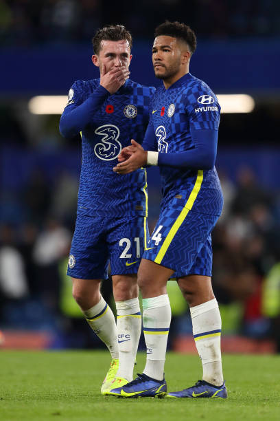 Ben Chilwell of Chelsea talking to Reece James of Chelsea at full time of the Premier League match between Chelsea and Burnley at Stamford Bridge on...