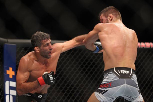Beneil Dariush competes against Mateusz Gamrot in their lightweight bout at the Ultimate Fighting Championship event at the Etihad Arena in Abu Dhabi...