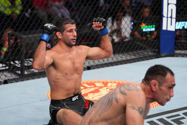 Beneil Dariush reacts after finishing three rounds against Tony Ferguson in their lightweight bout during the UFC 262 event at Toyota Center on May...