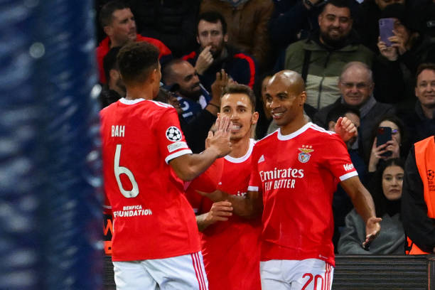 Benfica's Portuguese midfielder Joao Mario celebrates scoring his team's first goal during the UEFA Champions League group H football match between...