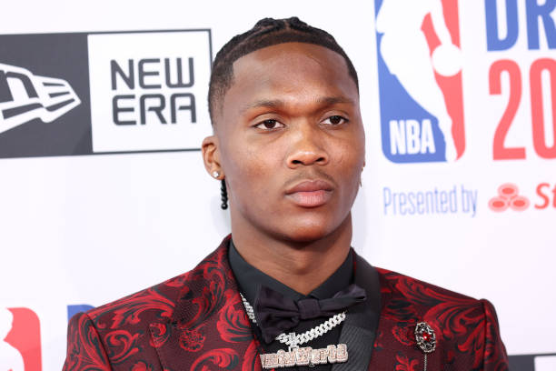 Bennedict Mathurin poses for photos on the red carpet during the 2022 NBA Draft at Barclays Center on June 23, 2022 in New York City. NOTE TO USER:...