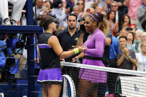 Bianca Andreescu of Canada and Serena Williams of the United States during the Women's Final US Open on September 7, 2019 in New York City.