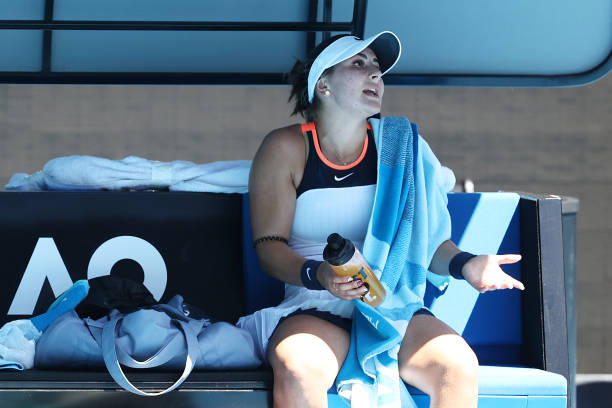 Bianca Andreescu of Canada talks to the chair umpire in her Women's Singles second round match against Su-Wei Hsieh of Chinese Taipei during day...