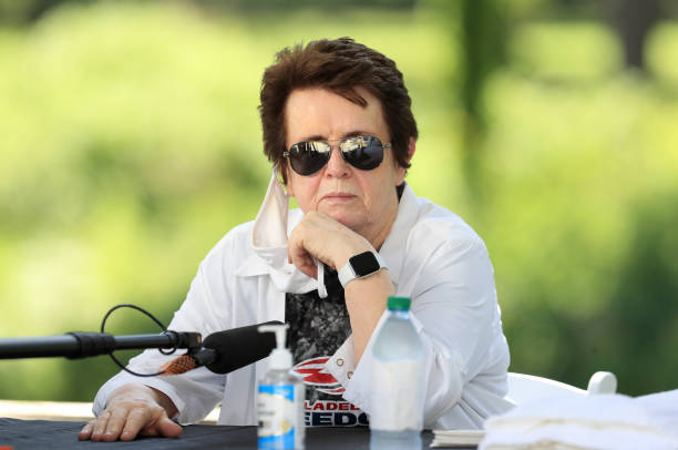 Billie Jean King speaks to the media during the semifinals of the World TeamTennis at The Greenbrier on August 01, 2020 in White Sulphur Springs,...