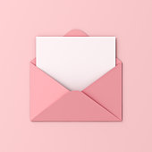 Blank white card in pink envelope isolated on pink pastel color background with shadow love letter minimal conceptual