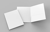Blank white reinforced single pocket folder catalog on grey background for mock up. 3D rendering