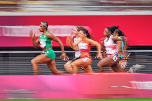 Blessing Okagbare from Nigeria during 100 meter for women at the Tokyo Olympics, Tokyo Olympic stadium, Tokyo, Japan on July 30, 2021.