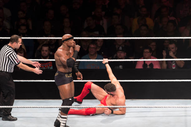 Bobby Lashley competes in the ring against Finn Balor during the WWE Live Show at Lanxess Arena on November 7 2018 in Cologne Germany
