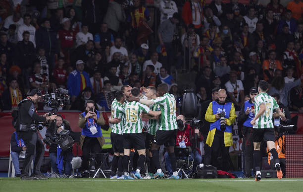 Borja Iglesias of Real Betis celebrates during Copa del Rey final match between Real Betis and Valencia at La Cartuja Stadium in Sevilla, Spain on...