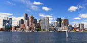 Boston skyline with sailboat on the foreground, Massachusetts, USA