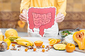 Bowel model and variety of healthy fresh food