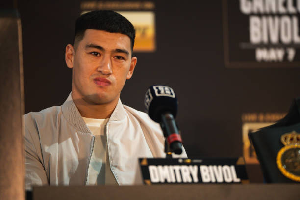 Boxer Dmitry Bivol looks on during the press conference announcing the May 7th Canelo Alvarez v Dmitry Bivol fight at the Sheraton Hotel on March 2,...