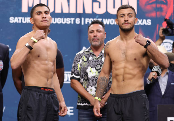 Boxers Vergil Ortiz Jr. And Michael Mckinson pose during their official weigh-in at Dickies Arena on August 5, 2022 in Fort Worth, Texas.