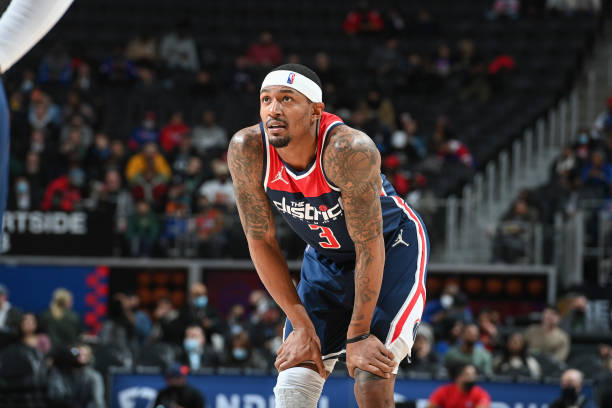 Bradley Beal of the Washington Wizards looks on during the game against the Detroit Pistons on December 8, 2021 at Little Caesars Arena in Detroit,...