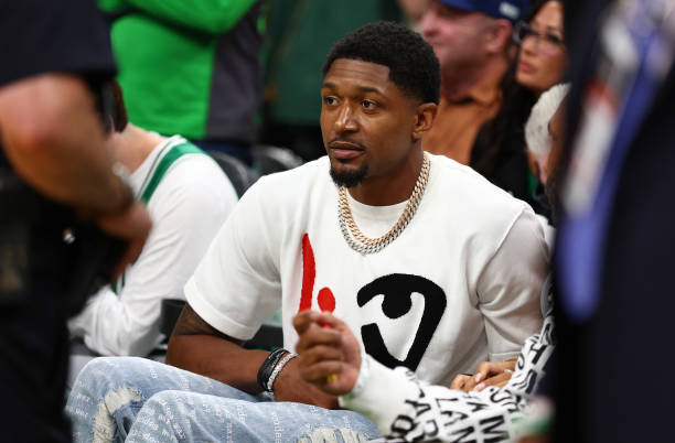 Bradley Beal of the Washington Wizards looks on prior to Game Four of the 2022 NBA Finals between the Boston Celtics and the Golden State Warriors at...