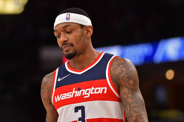 Bradley Beal of the Washington Wizards reacts during the first half against the Memphis Grizzlies at FedExForum on January 29, 2022 in Memphis,...