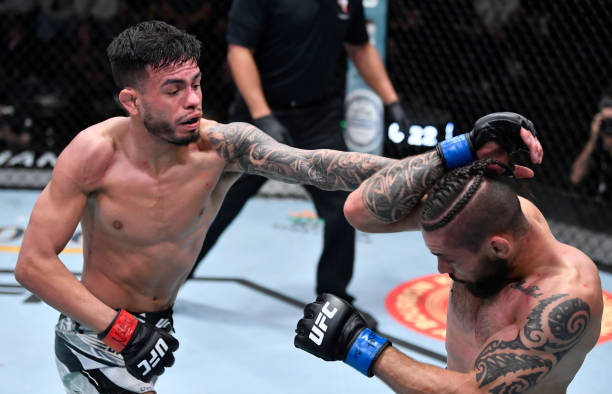 Brandon Royval punches Rogerio Bontorin of Brazil in their flyweight fight during the UFC Fight Night event at UFC APEX on January 15, 2022 in Las...
