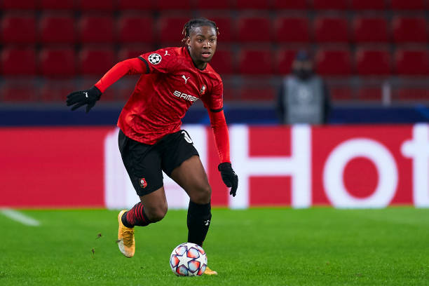 Brandon Soppy of Stade Rennais in action during the UEFA Champions League Group E stage match between Stade Rennais and Sevilla FC at Roazhon Park on...