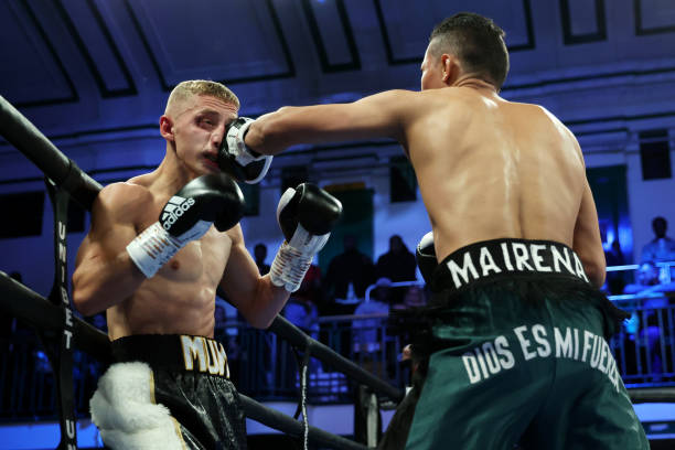 Brayan Mairena punches Frank Arnold during the Super Featherweight fight between Frank Arnold and Brayan Mairena at York Hall on September 16, 2022...