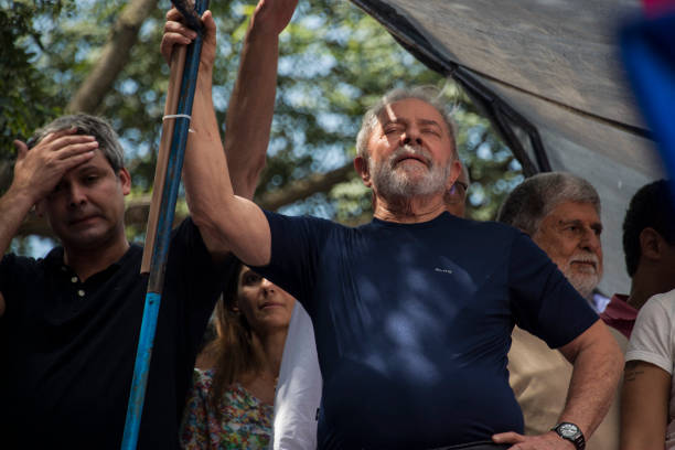 Brazilian expresident Luiz Inacio Lula da Silva gestures during a Catholic mass in memory of his late wife Marisa Leticia at the metalworkers' union...
