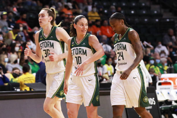 Breanna Stewart, Sue Bird and Jewell Loyd of the Seattle Storm look on during the game against the New York Liberty on September 2, 2021 at the Angel...