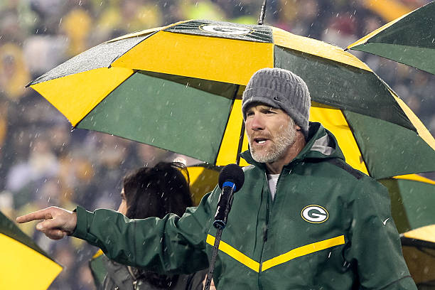 Brett Favre, former Green Bay Packers quarterback, speaks during the retirement ceremony for his jersey at Lambeau Field on November 26, 2015 in...