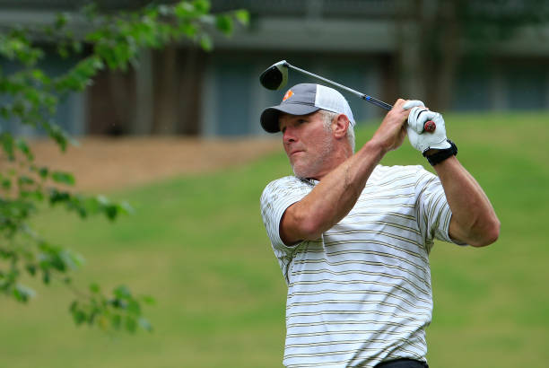 Brett Favre hits his drive on the 12th hole during the first round of the BMW Charity Pro-Am presented by SYNNEX Corporation held at Thornblade Club...