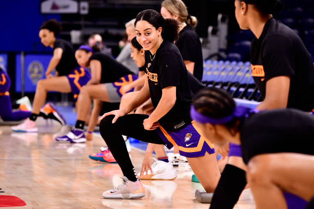 Bria Hartley stretches prior to practice and media availability during the 2021 WNBA Finals on October 16 at Wintrust Arena in Chicago, Illinois....