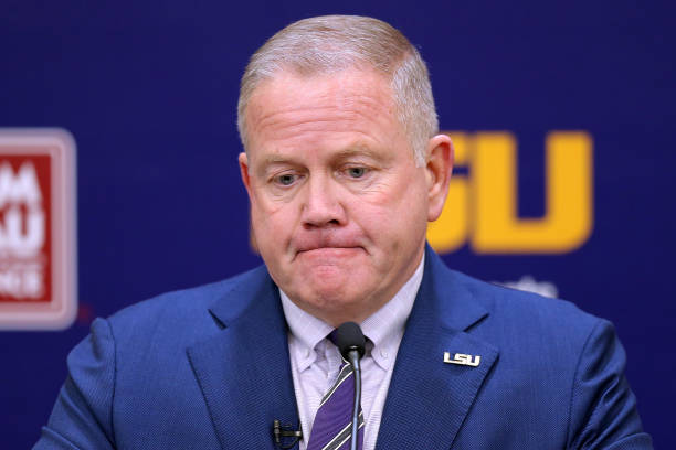 Brian Kelly speaks after being introduced as the head football coach of the LSU Tigers during a news conference at Tiger Stadium on December 01, 2021...