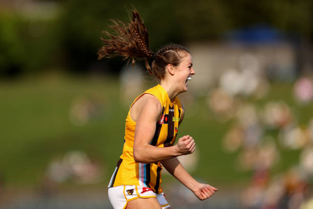 Bridie Hipwell of the Hawks celebrates kicking a goal during the round eight AFLW match between the Greater Western Sydney Giants and the Hawthorn...