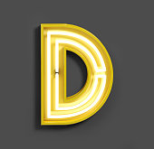 Bright Neon Font with fluorescent yellow tubes. Letter D.