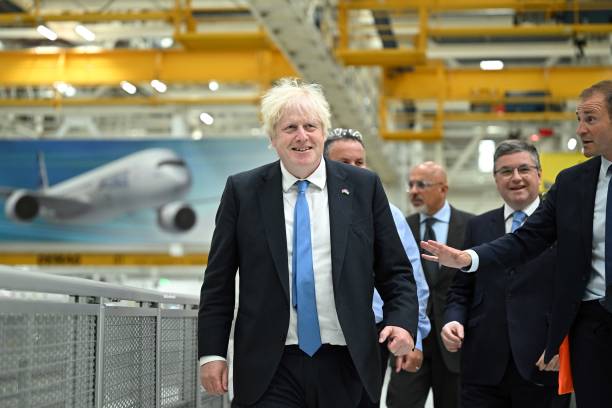 GBR: Boris Johnson Visits Airbus Manufacturing Facility In North Wales