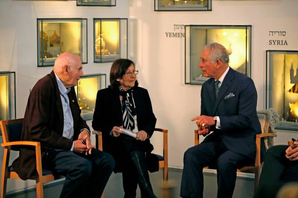 Britain's Prince Charles Prince of Wales meets with Holocaust survivors George Shefi and Marta Wise during a reception at the Israel museum in...
