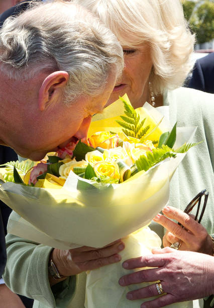 britains-prince-charles-smells-flowers-next-to-his-wife-camilla-as-picture-id156425374